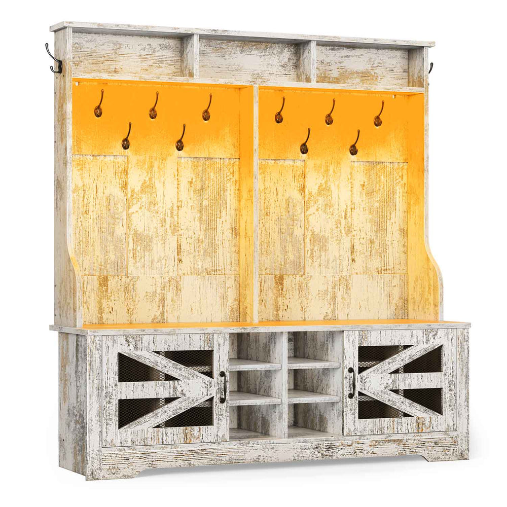 Sikaic Hall Tree 59.1 Inches 5-in-1 Hall Tree with 16 Shoe Cubbies Vintage White Vintage White / Engineered Wood / Modern