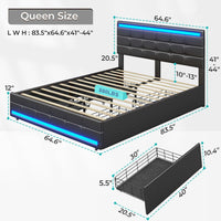 Sikaic LED Bed Frame with Storage Drawers Leather Platform Adjustable Headboard Storage Drawers and Charging Station Black