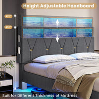Sikaic LED Bed Frame with Outlets and USB Ports Shelf Storage Headboard Hidden Storage Grey