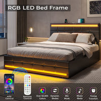 Sikaic LED Bed Frame with Storage Drawers Leather Platform Adjustable Headboard Storage Drawers and Charging Station Black