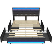 Sikaic LED Bed Frame with Storage Drawers Leather Platform Adjustable Headboard Storage Drawers and Charging Station Black