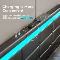 Sikaic LED Bed Frame with Storage Drawers Leather Platform Adjustable Headboard Storage Drawers and Charging Station Black