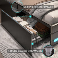 Sikaic LED Bed Frame with Storage Drawers Leather Platform Adjustable Headboard Storage Drawers and Charging Station Black