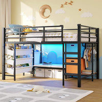 Sikaic Loft Bed Frame Low Loft Bed Twin Size with Reading Corner and Storage Basket Black Black / Metal / Modern