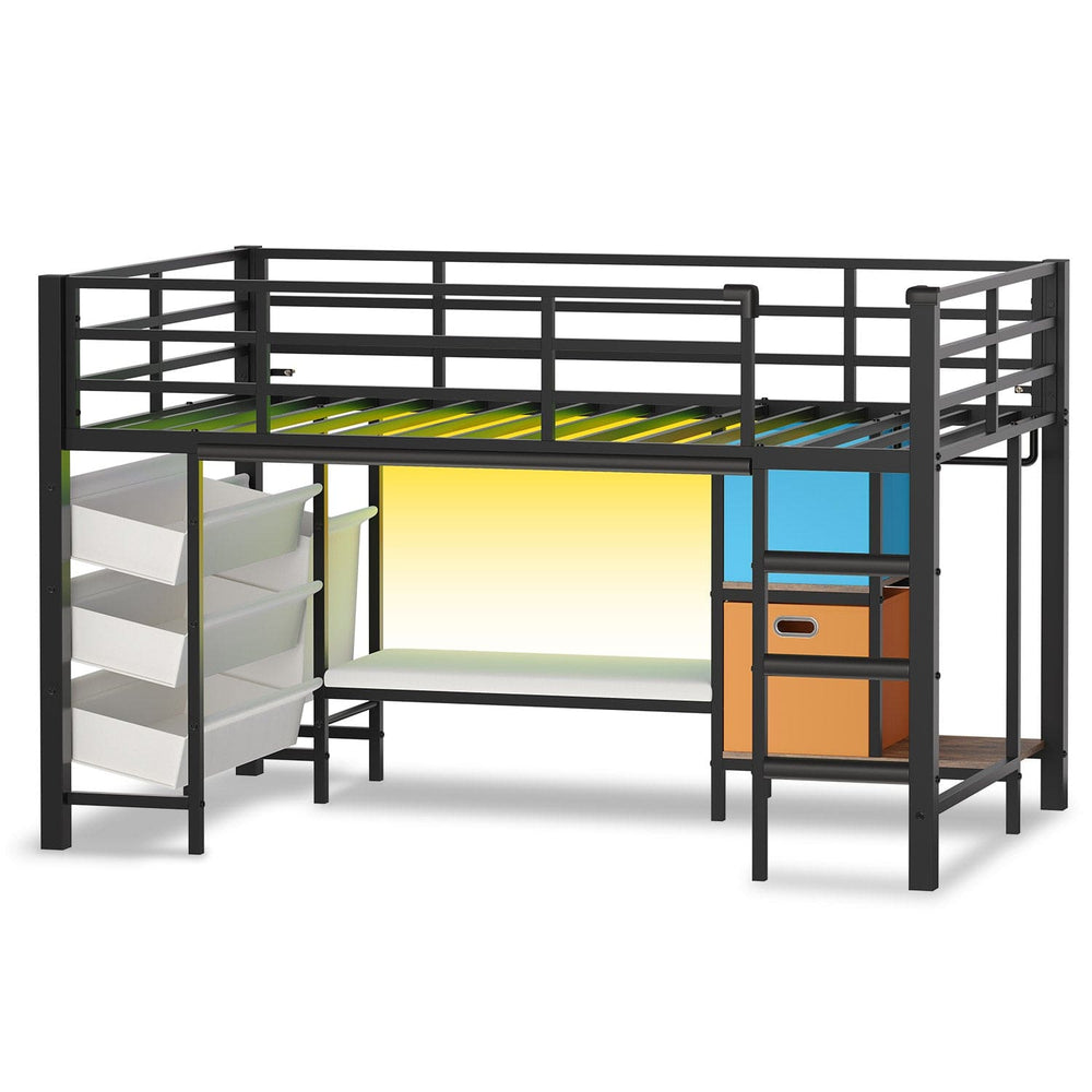 Sikaic Loft Bed Frame Low Loft Bed Twin Size with Reading Corner and Storage Basket Black Black / Metal / Modern
