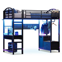 Sikaic Loft Bed Frame LED Loft Bed Frame Twin Size with Desk and Storage Hamper Brown Brown / Metal / Industrial