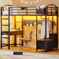 Sikaic Loft Bed Frame LED Loft Bed Frame Twin Size with Desk and Storage Hamper Brown Brown / Metal / Industrial