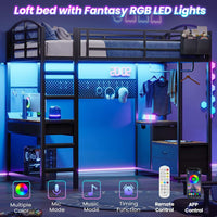 Sikaic Loft Bed Frame LED Loft Bed Frame Twin Size with Desk and Storage Hamper Brown Brown / Metal / Industrial