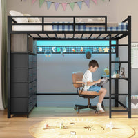 Sikaic Loft Bed Frame Twin Loft LED Bed Frame Desk and 8 Storage Drawers & Charging Sation Grey Grey / Steel / Modern