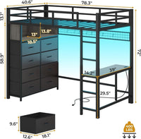 Sikaic Loft Bed Frame Twin Loft LED Bed Frame Desk and 8 Storage Drawers & Charging Sation Grey Grey / Steel / Modern
