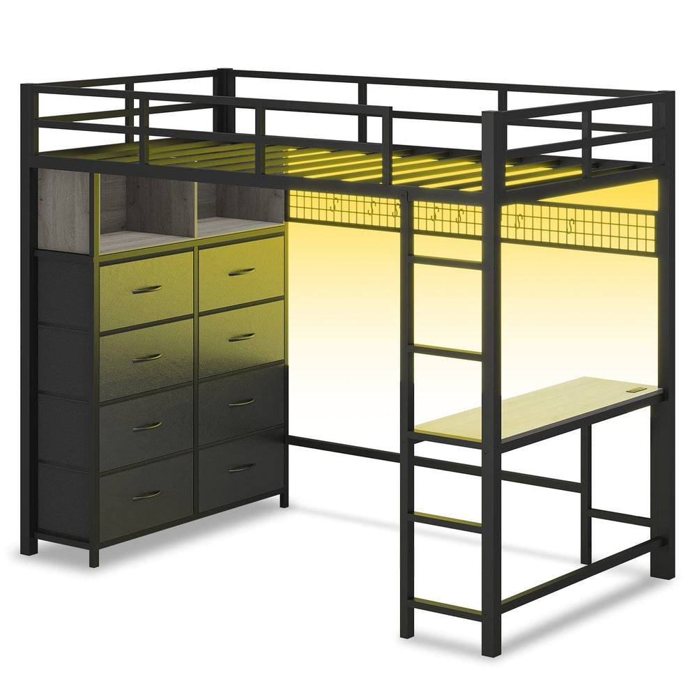 Sikaic Loft Bed Frame Twin Loft LED Bed Frame Desk and 8 Storage Drawers & Charging Sation Grey Grey / Steel / Modern