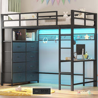 Sikaic Loft Bed Frame Twin Loft LED Bed Frame Desk and 8 Storage Drawers & Charging Sation Grey Grey / Steel / Modern