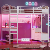 Sikaic Loft Bed Frame LED Loft Bed Frame Twin Size with Desk and Storage Hamper White White / Metal / Industrial