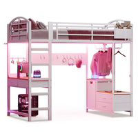 Sikaic Loft Bed Frame LED Loft Bed Frame Twin Size with Desk and Storage Hamper White White / Metal / Industrial