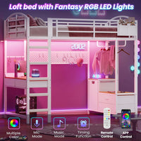 Sikaic Loft Bed Frame LED Loft Bed Frame Twin Size with Desk and Storage Hamper White White / Metal / Industrial