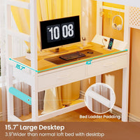 Sikaic Loft Bed Frame LED Loft Bed Frame Twin Size with Desk and Storage Hamper White White / Metal / Industrial