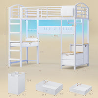 Sikaic Loft Bed Frame LED Loft Bed Frame Twin Size with Desk and Storage Hamper White White / Metal / Industrial