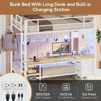 Sikaic Loft Bed Frame Full Size Over Twin Bunk Loft Bed Frame with Desk and Charging Station White White / Metal / Modern
