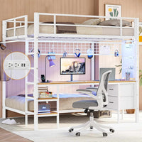 Sikaic Loft Bed Frame Full Size Over Twin Bunk Loft Bed Frame with Desk and Charging Station White White / Metal / Modern
