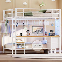 Sikaic Loft Bed Frame Full Size Over Twin Bunk Loft Bed Frame with Desk and Charging Station White White / Metal / Modern