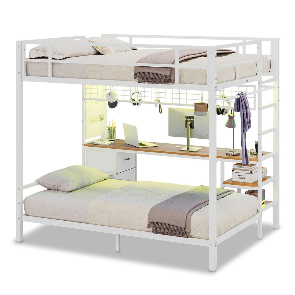 Sikaic Loft Bed Frame Full Size Over Twin Bunk Loft Bed Frame with Desk and Charging Station White White / Metal / Modern