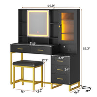 Sikaic Makeup Vanity Makeup Vanity Set with Mirror and Lights Charging Station RGB Jewelry Storage Shelves Black