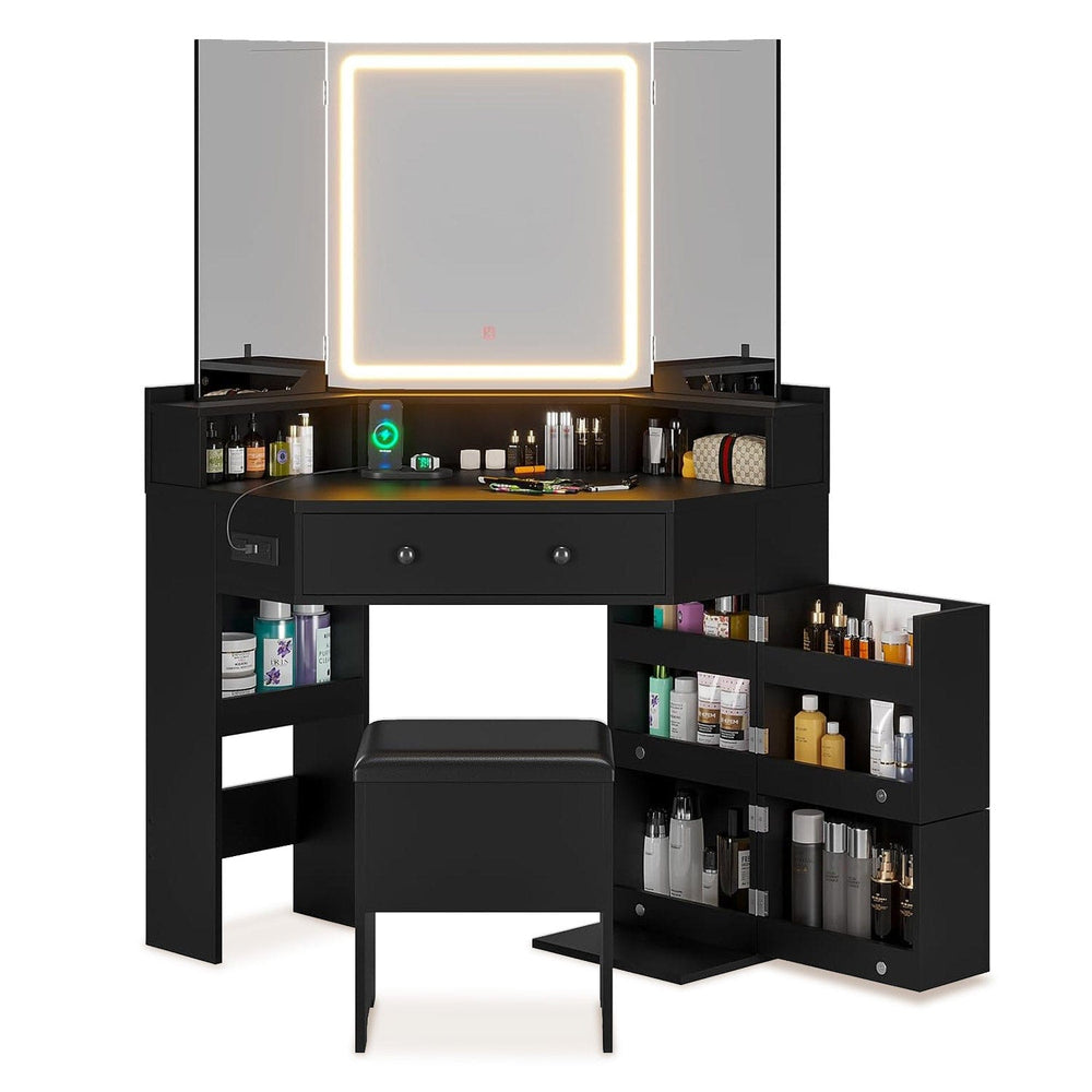 Sikaic Makeup Vanity Corner Makeup Vanity with Tri-Fold Mirror and Cushioned Storage Stool Black Black / Engineered Wood / Modern