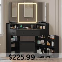 Sikaic Makeup Vanity Corner Makeup Vanity with Tri-Fold Mirror and Cushioned Storage Stool Black Black / Engineered Wood / Modern