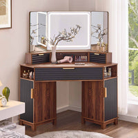 Sikaic Makeup Vanity Large Fluted Makeup Vanity with HD Triple Mirror and Lights Black Black / Engineered Wood / Modern