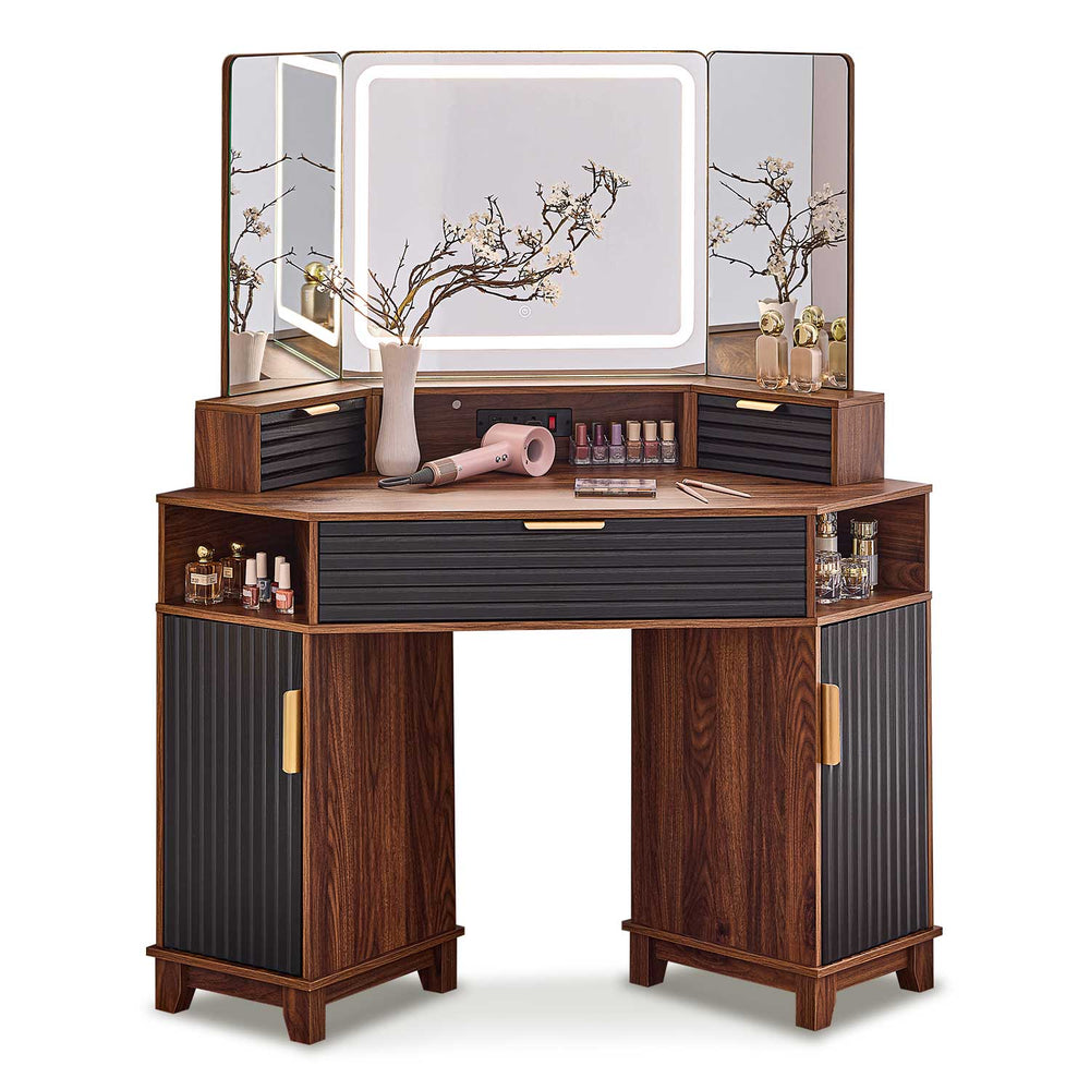 Sikaic Makeup Vanity Large Fluted Makeup Vanity with HD Triple Mirror and Lights Black Black / Engineered Wood / Modern