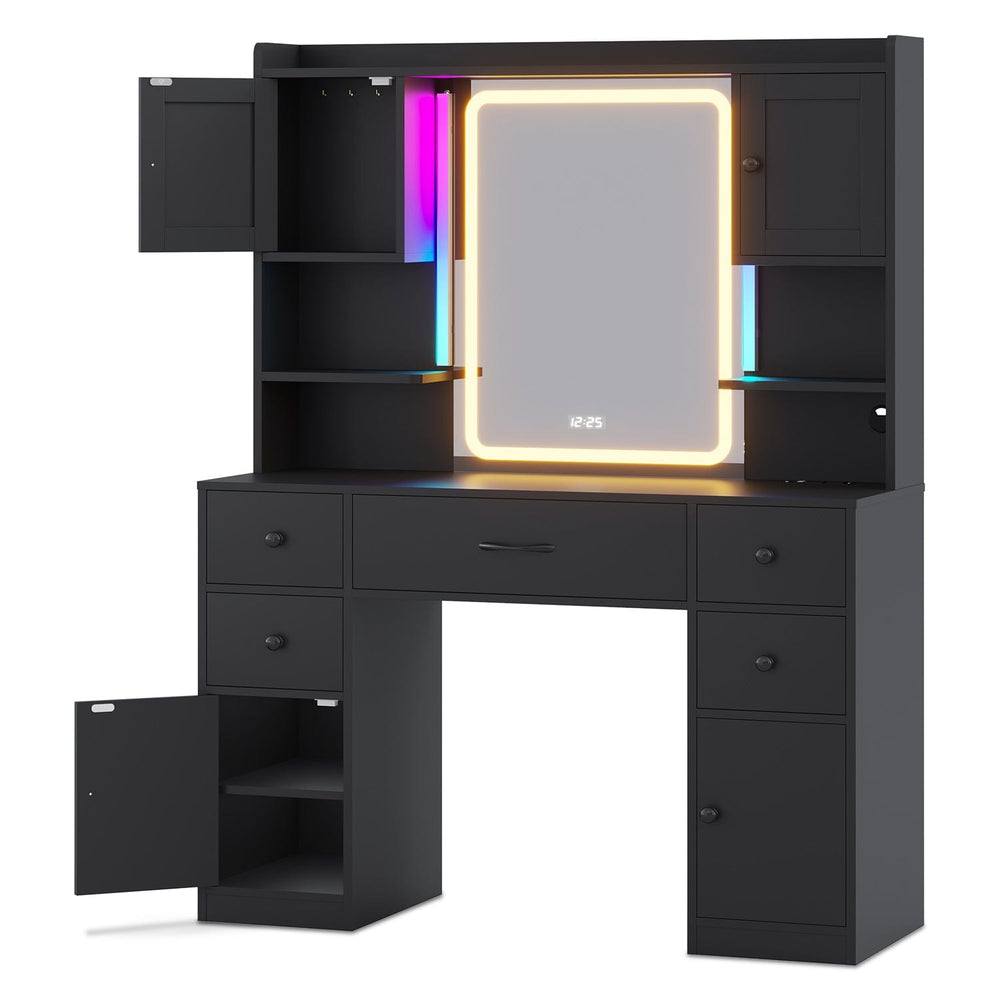 Sikaic Makeup Vanity LED Makeup Vanity with Mirror and Outlet Black Black / Engineered Wood / Modern