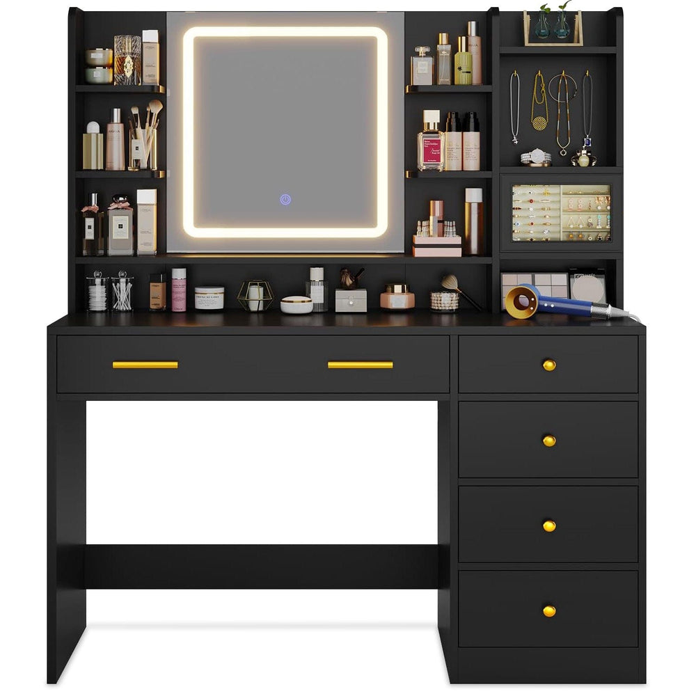 Sikaic Makeup Vanity LED Makeup Vanity with Touch Screen Mirror and Charging Station Black Black / Engineered Wood / Modern