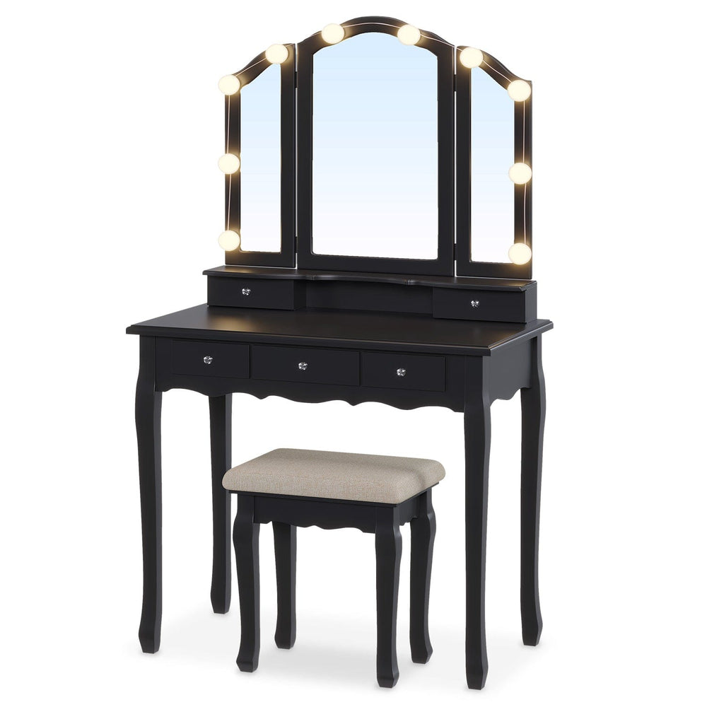 Sikaic Makeup Vanity Makeup Vanity Set with LED Mirror and Stool Black Black / Engineered Wood / Modern