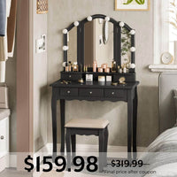Sikaic Makeup Vanity Makeup Vanity Set with Lighted Mirror Stool Drawers and Cushioned Stool Black Black / Engineered Wood / Modern