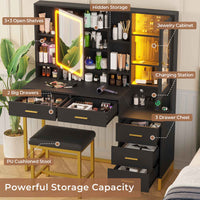 Sikaic Makeup Vanity Makeup Vanity Set with Mirror and Lights Charging Station RGB Jewelry Storage Shelves Black