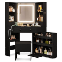 Sikaic Makeup Vanity Corner Makeup Vanity Set with Upholstered Storage Stool Black Black / Engineered Wood / Style