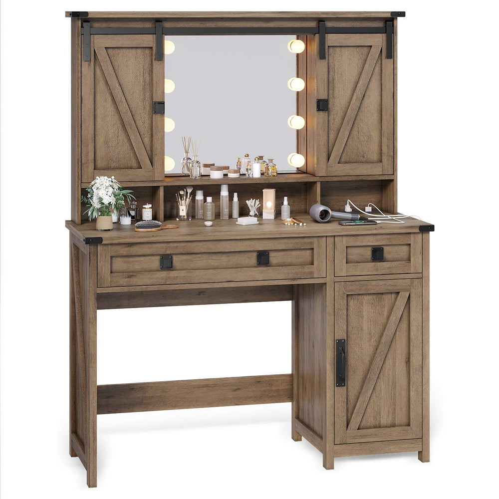 Sikaic Makeup Vanity Sliding Mirror Makeup Vanity Brown Brown / Engineered Wood / Farmhouse