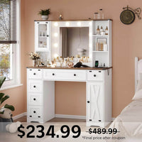 Sikaic Makeup Vanity 43 Inches Makeup Vanity with Lighted Mirror White Farmhouse / White / Wood