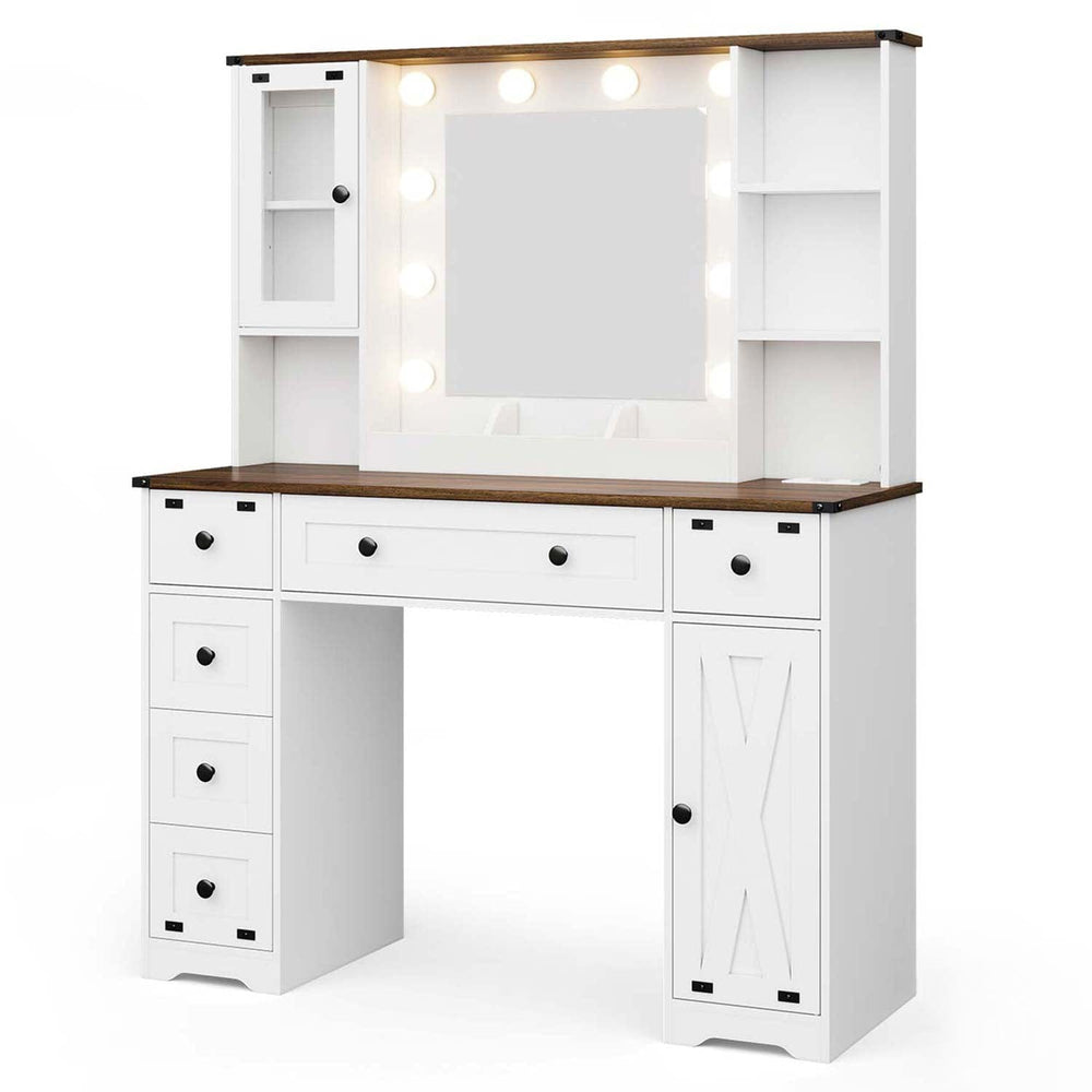 Sikaic Makeup Vanity 43 Inches Makeup Vanity with Lighted Mirror White Farmhouse / White / Wood