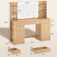 Sikaic Makeup Vanity 51.2 Inches Fluted Makeup Vanity with Mirror and Lights Oak Natural / Engineered Wood / Modern