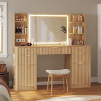 Sikaic Makeup Vanity 51.2 Inches Fluted Makeup Vanity with Mirror and Lights Oak Natural / Engineered Wood / Modern