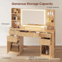 Sikaic Makeup Vanity 51.2 Inches Fluted Makeup Vanity with Mirror and Lights Oak Natural / Engineered Wood / Modern