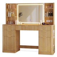 Sikaic Makeup Vanity 51.2 Inches Fluted Makeup Vanity with Mirror and Lights Oak Natural / Engineered Wood / Modern