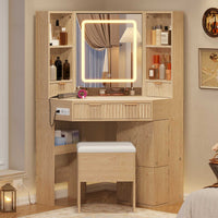 Sikaic Makeup Vanity Corner Makeup Vanity Set with Upholstered Storage Stool Natural Oak Natural / Engineered Wood / Modern