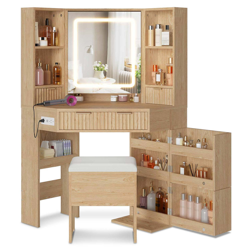 Sikaic Makeup Vanity Corner Makeup Vanity Set with Upholstered Storage Stool Natural Oak Natural / Engineered Wood / Modern