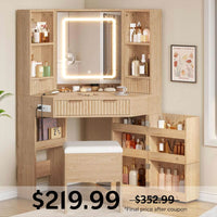 Sikaic Makeup Vanity Corner Makeup Vanity Set with Upholstered Storage Stool Natural Oak Natural / Engineered Wood / Modern