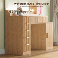 Sikaic Makeup Vanity Fluted Makeup Vanity with Charging Station and RGB Lights Oak Natural / Engineered Wood / Modern