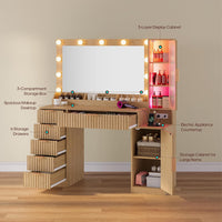 Sikaic Makeup Vanity Fluted Makeup Vanity with Charging Station and RGB Lights Oak Natural / Engineered Wood / Modern