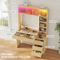 Sikaic Makeup Vanity Fluted Makeup Vanity with Sync Music LED Lights and Glass Top Natural Oak Natural / Engineered Wood / Modern