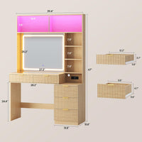 Sikaic Makeup Vanity Fluted Makeup Vanity with Sync Music LED Lights and Glass Top Natural Oak Natural / Engineered Wood / Modern
